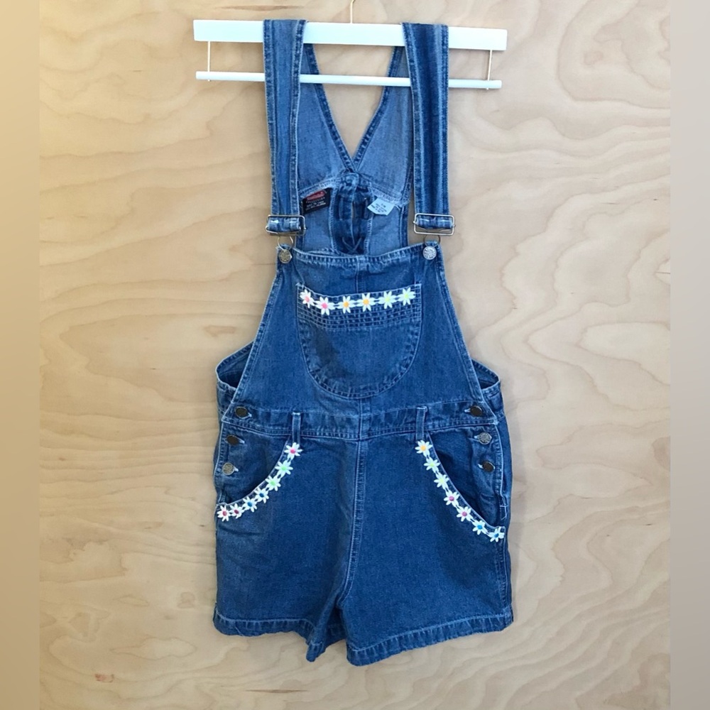 Vintage Y2K Denim Overalls Short Cotton Embroidery Pockets Kids Girl Size 7/8.